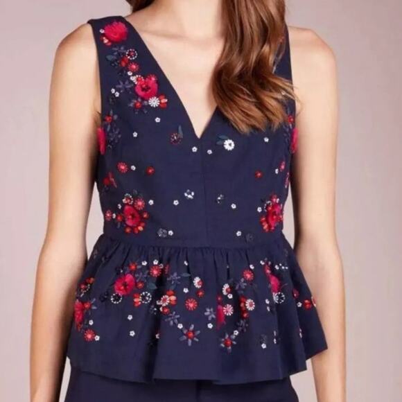 J.Crew Hand-Embellished Navy Peplum Linen Top NWT Navy Blue Size 2 - Picture 1 of 7